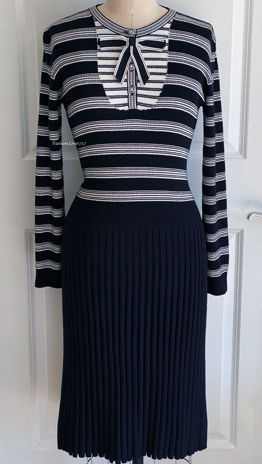 $3700 ABITO CHANEL 19B NERO BIANCO A RIGHE MAGLIA CC BOTTONI FIOCCO 40