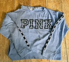 Victoria Secret PINK Shirt Women Small Blue Tee Long Sleeve Spell Out Top Logo