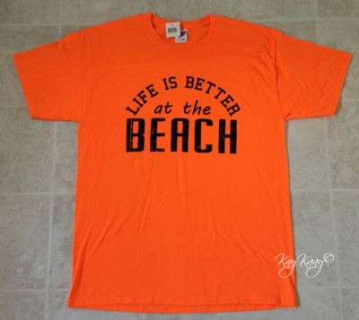 Jerzees Bright Orange LIFE IS BETTER AT THE BEACH Men's Women's LARGE SS T-shirt