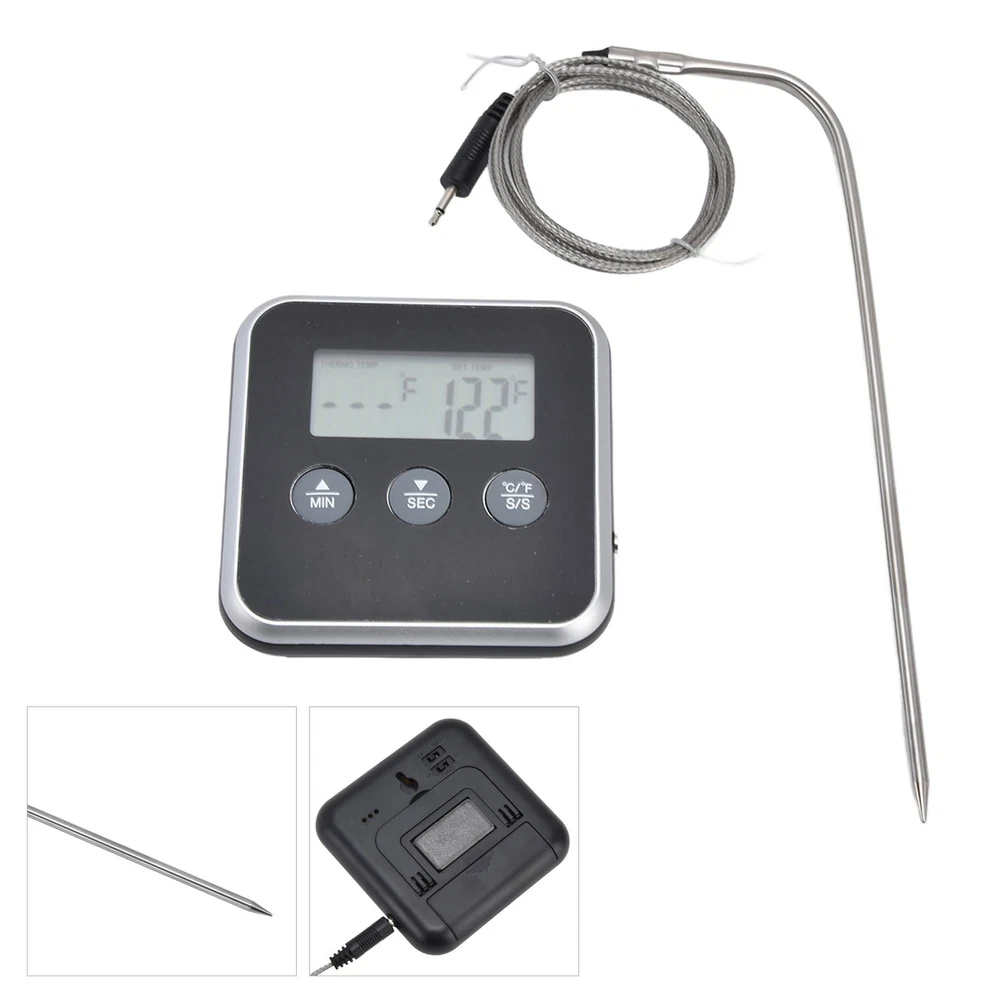 (Black)Meat Thermometer Smart 3 Buttons Digital LED Display Multifunctional O