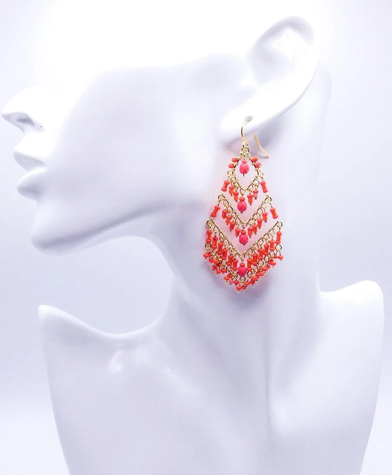 EXQUISITOS Pendientes de araña en cascada rellenos de oro con cristales de coral de triple nivel Foto 2 de 4