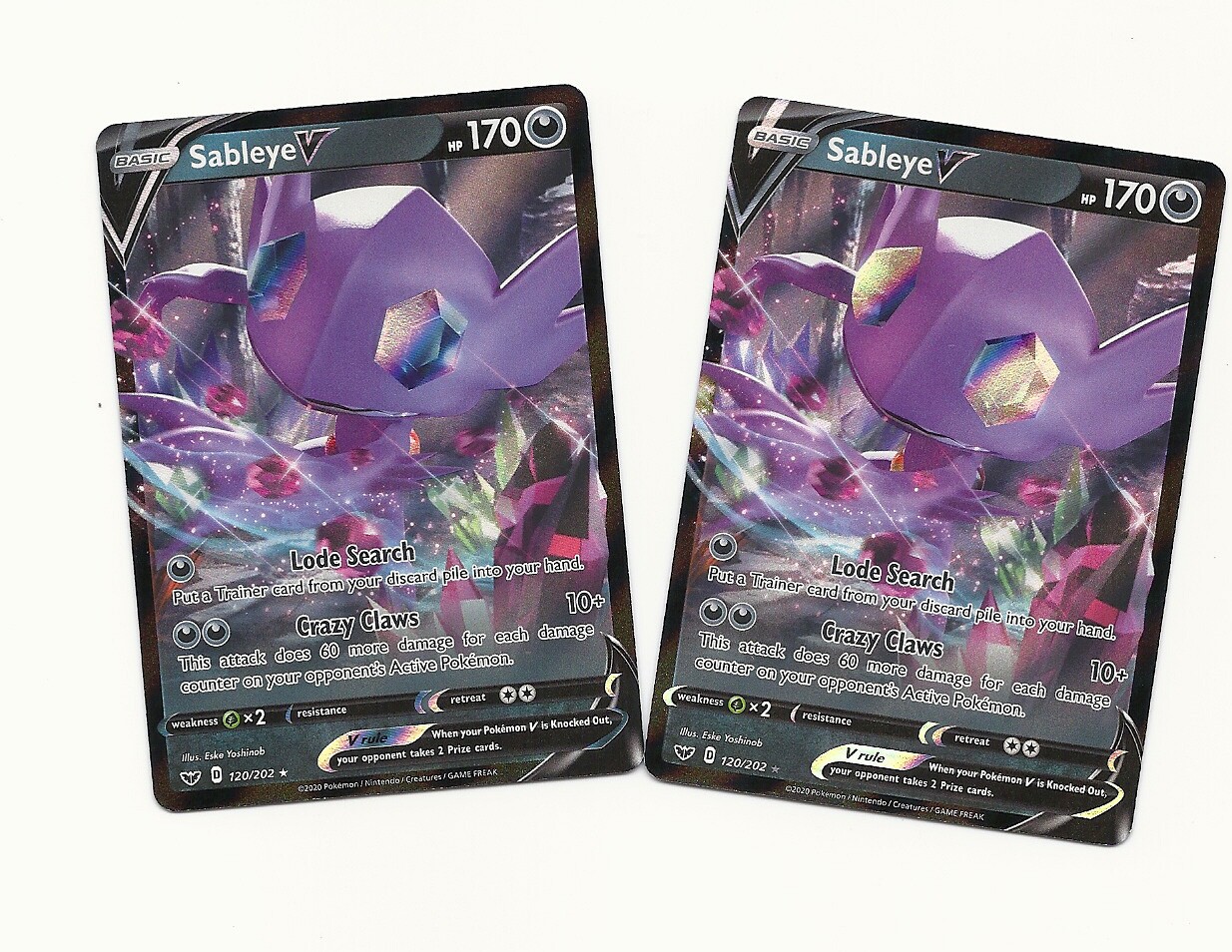2X RARE SABLEYE V 120/202 SWORD & SHIELD Pokemon-HOLO MINT PACK FRESH