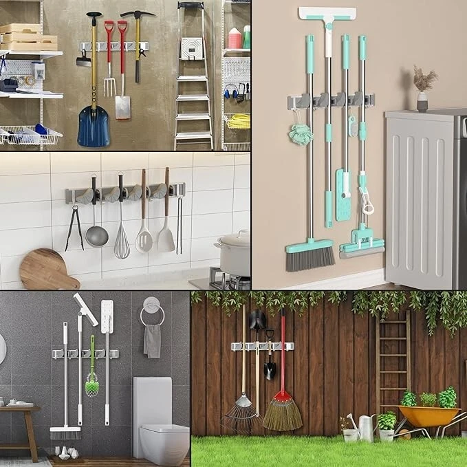 Soporte de pared para fregona y escoba, organizador de metal para despensa.nuevo Foto 2 de 4
