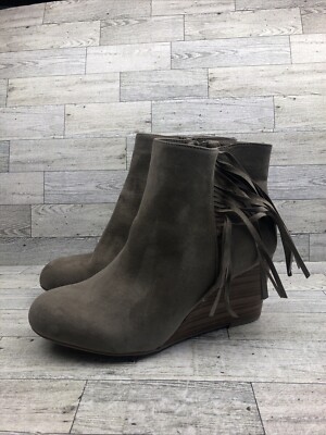 TORRID TAUPE GREY FRINDGE WEDGE BOOTS FAUX
