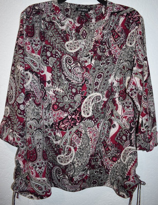 Roz Ali 2X Popover Top 3/4 Sleeve Stretch Purple Paisley Print Side Ruching Boho