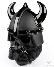 6.9" Black Obsidian Hand Carved Viking Crystal Skull Fine Art Sculpture
