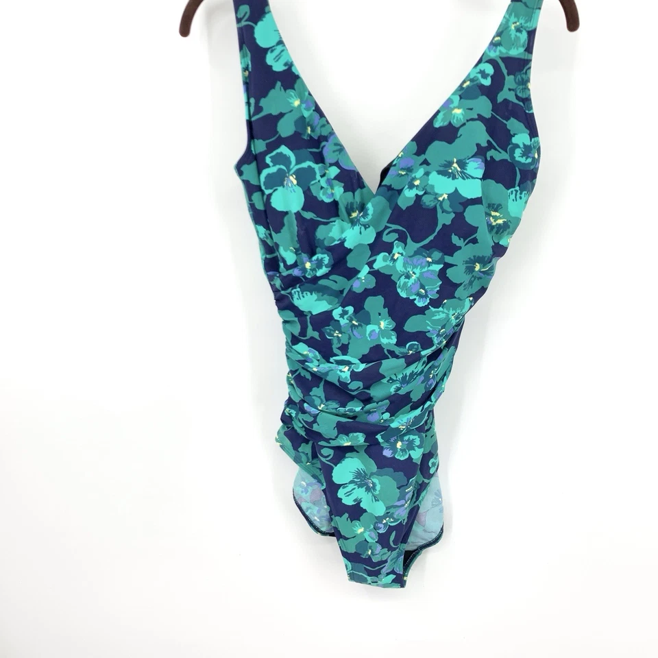 LL Bean Women Size 8 LONG Bathing Suit One Piece Shaping Swimwear Blue Floral - Image 3 of 4