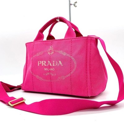 PRADA Canapa Mini 2way Bag Tote Bag Triangle Logo Plate Pink Canvas Authentic