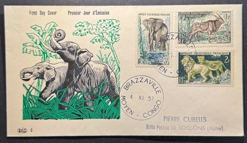 AtoZ. 1957 French Equatorial Africa Middle Congo FDC Elephant Lion Eland