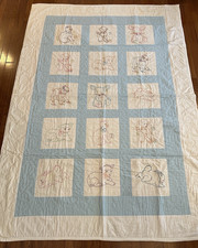 Handmade Vintage Baby Quilt Lamb Bunny Cat Nursery Pastel Blue White 60x84