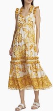 FARM RIO Midi Dress women’s sz S Aura Floral Sleeveless Ruffled Swiss Dot Gold