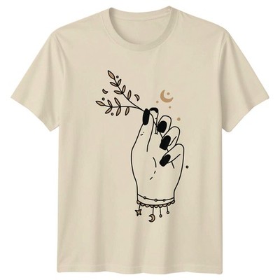 Celestial Witch Hand Holding Botanical Damen T-Shirt Minimalistisch Boho Hexerei