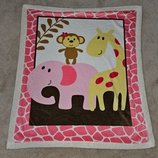 Luvable Friends Baby Blanket Monkey Elephant Giraffe Sherpa Pink Brown 30x36