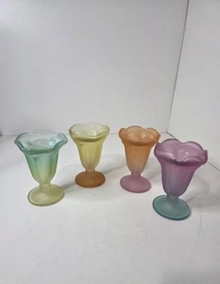 Set Of 4 Vintage Libby Ka-Dinks Frosted Pastel Ombre Sundae Glasses Beautiful 