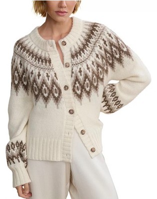 JENNI KAYNE THATCHER IVORY FAIR ISLE BUTTON FRNT CREWNECK CARDIGAN SWEATER SZ XL