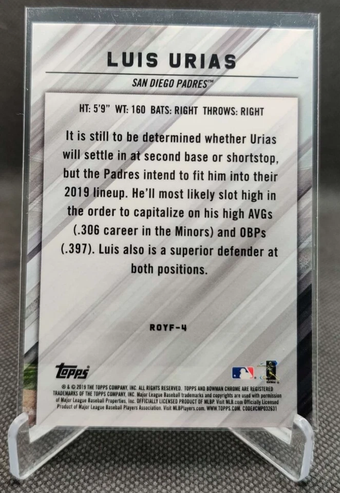 2019 Bowman Rookie of the Year Favorites Atomic /150 #ROYF-4 Luis Urias Padres - Image 2 of 2
