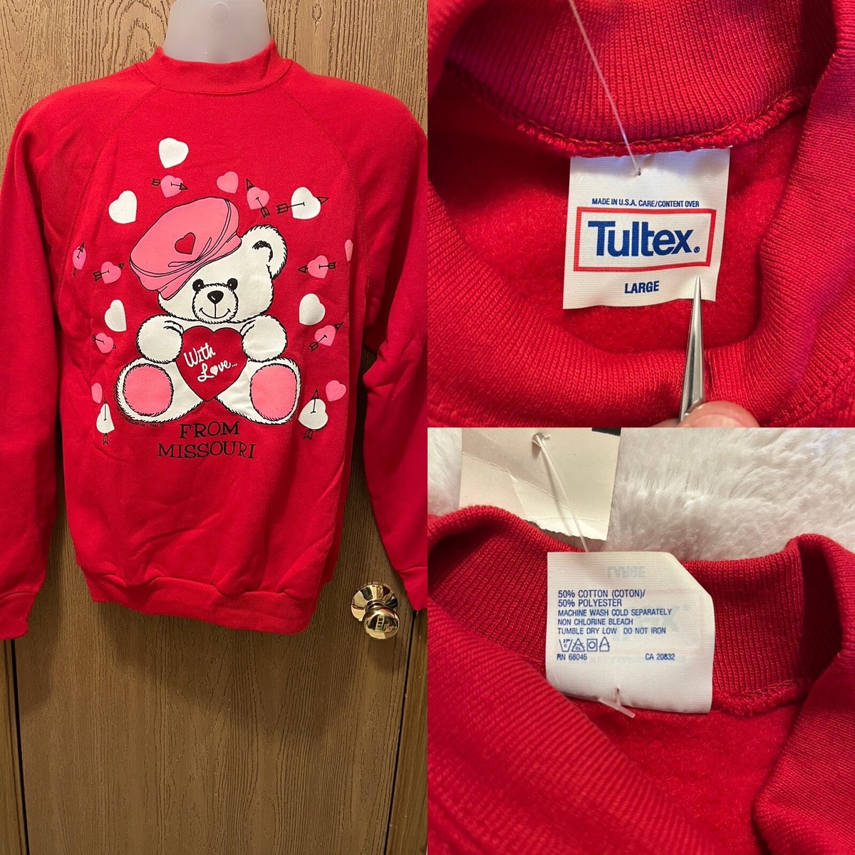 NWT Vintage 90s Tultex Red Unisex Adult L Teddy Bear
