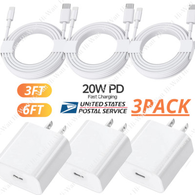 3Pack 20W USB-C Power Adapter PD Fast Charge Cable For iPhone 14/13/12/11/X/iPad