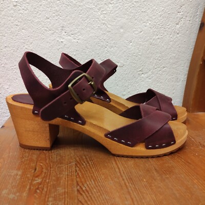 leather clogs sandals swedish Handmade wood high heel clog
