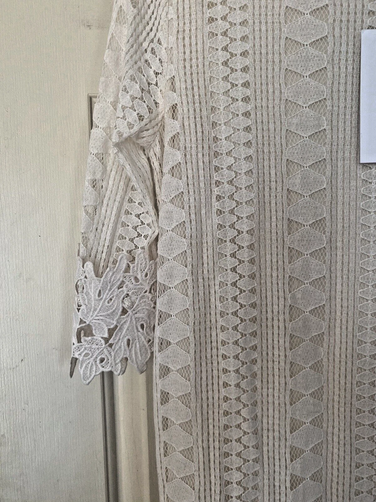 OFF WHITE Molly Bracken abito pizzo tubino piccolo tubino bianco sporco midi manica 3 4 DIFETTO LASER