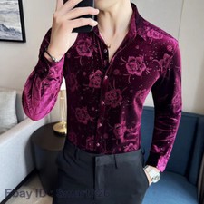 Autumn Luxury Men's Floral Pattern Long Sleeve Shirt Velvet Slim Fit Shirts