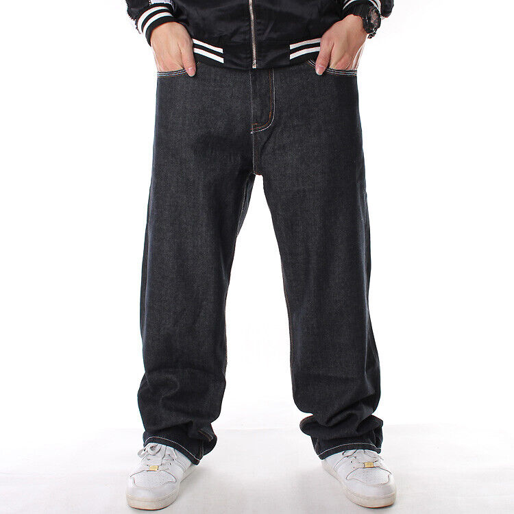 Mens Black Jeans Denim Baggy Loose Casual Pants Trousers Hip-Hop