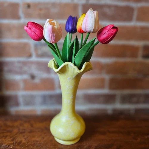 Shawnee Pottery 1950s Yellow Vase MCM Ruffle Top with White Splatter String Art
