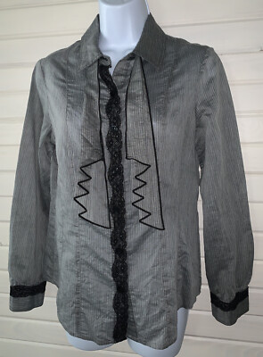 Chicos Sz 0 (SMALL) Gray Black Striped Lace Trim Button Shirt Silk