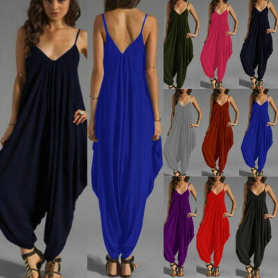 Damen Freizeit Overall Ali Baba Harem Baggy Playsuit lang Knöchel Cami Strrpy 