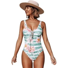 NWT CUPSHE  SIZE MEDIUM FLORAL AND STRIPED SCALLOPED TIE UP FRONT SWIMSUIT