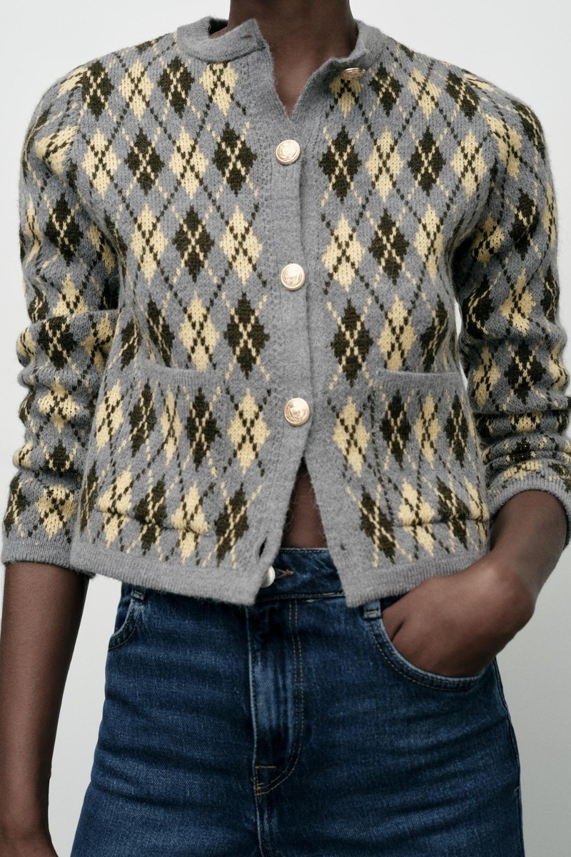 ZARA ARGYLE KNIT CARDIGAN JACKET SWEATER JUMPER GREY GRAY YELLOW M