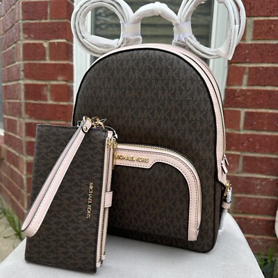 MICHAEL KORS MEDIUM JAYCEE ABBEY BACKPACK And WALLET POWDER BLUSH BROWN MULTI