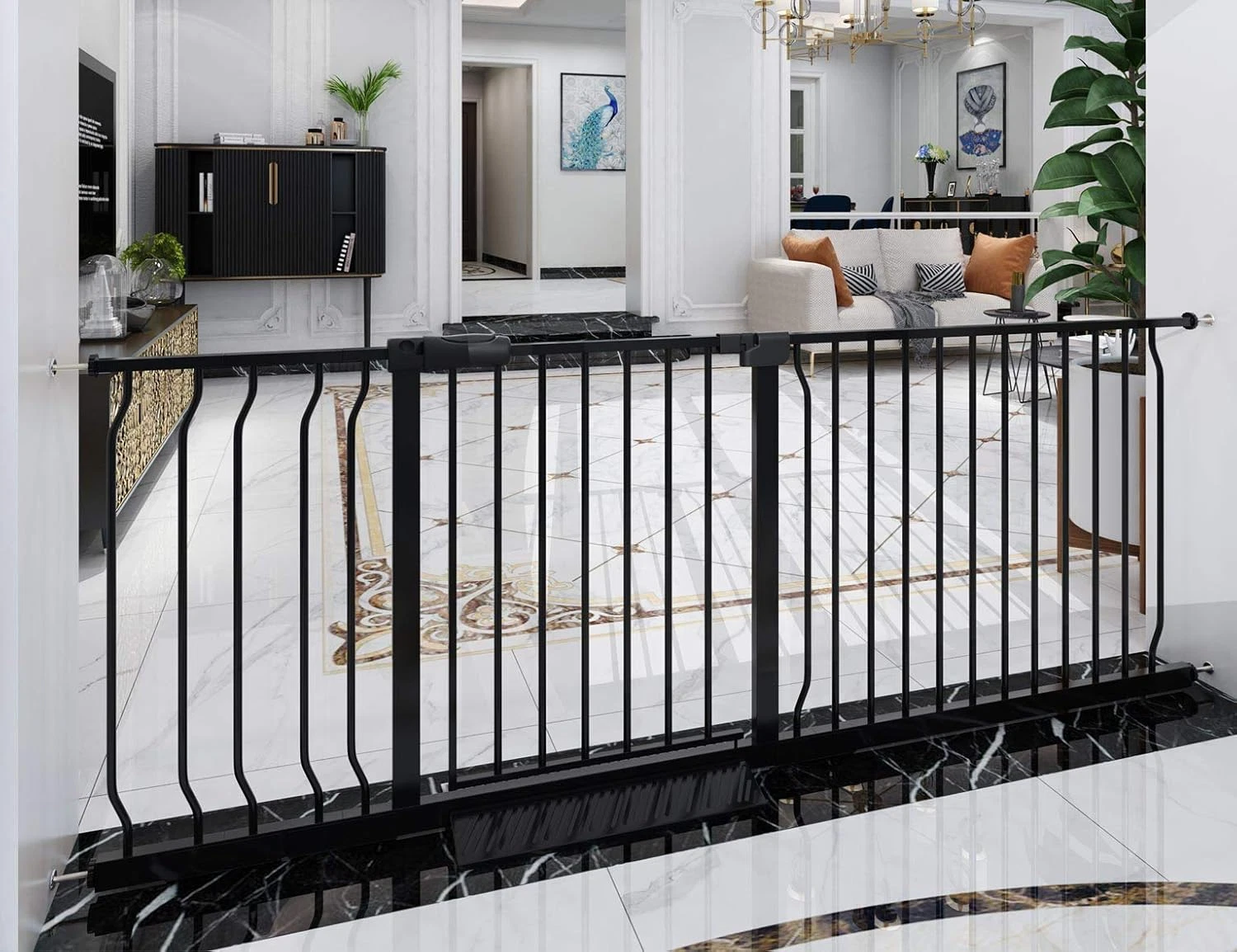 Extra Wide Pressure Mounted Baby & Pet Gate - Black Metal Safety Gate 66.93"-71.