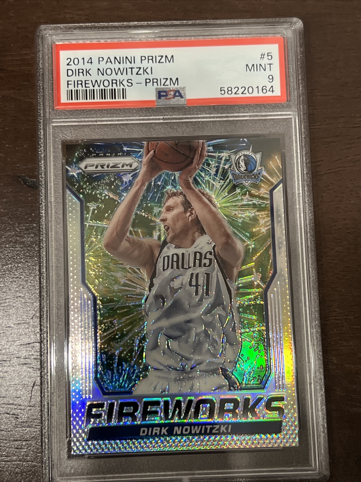 2014-15 panini prizm dirk nowitzki #5 fireworks prizm silver PSA graded 9