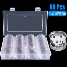 60PCS 40MM Round Clear Coins Capsules Holder Storage Box Container Coins Case US