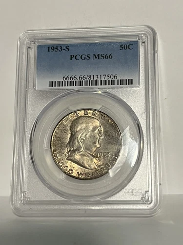 1953-S MS66 PCGS FRANKLIN SILVER HALF SUPERB GEM MARK FREE LITE BRONZE TONING