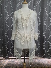 Everleigh Sheer Lace Kimono Duster Tie Front Ivory Women's Large Boho Hippie