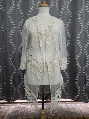 Everleigh Sheer Lace Kimono Duster Tie Front Ivory Women's Large Boho Hippie 