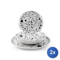 2X H&H Service 18-Teilig Tiefe Teller Drip Nordic Steinzeug Weiß/Schwarz