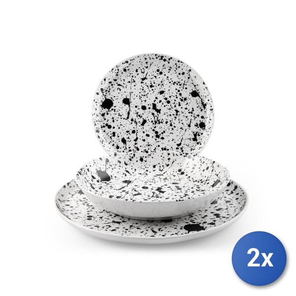 2X H&H Service 18-Teilig Tiefe Teller Drip Nordic Steinzeug Weiß/Schwarz-image