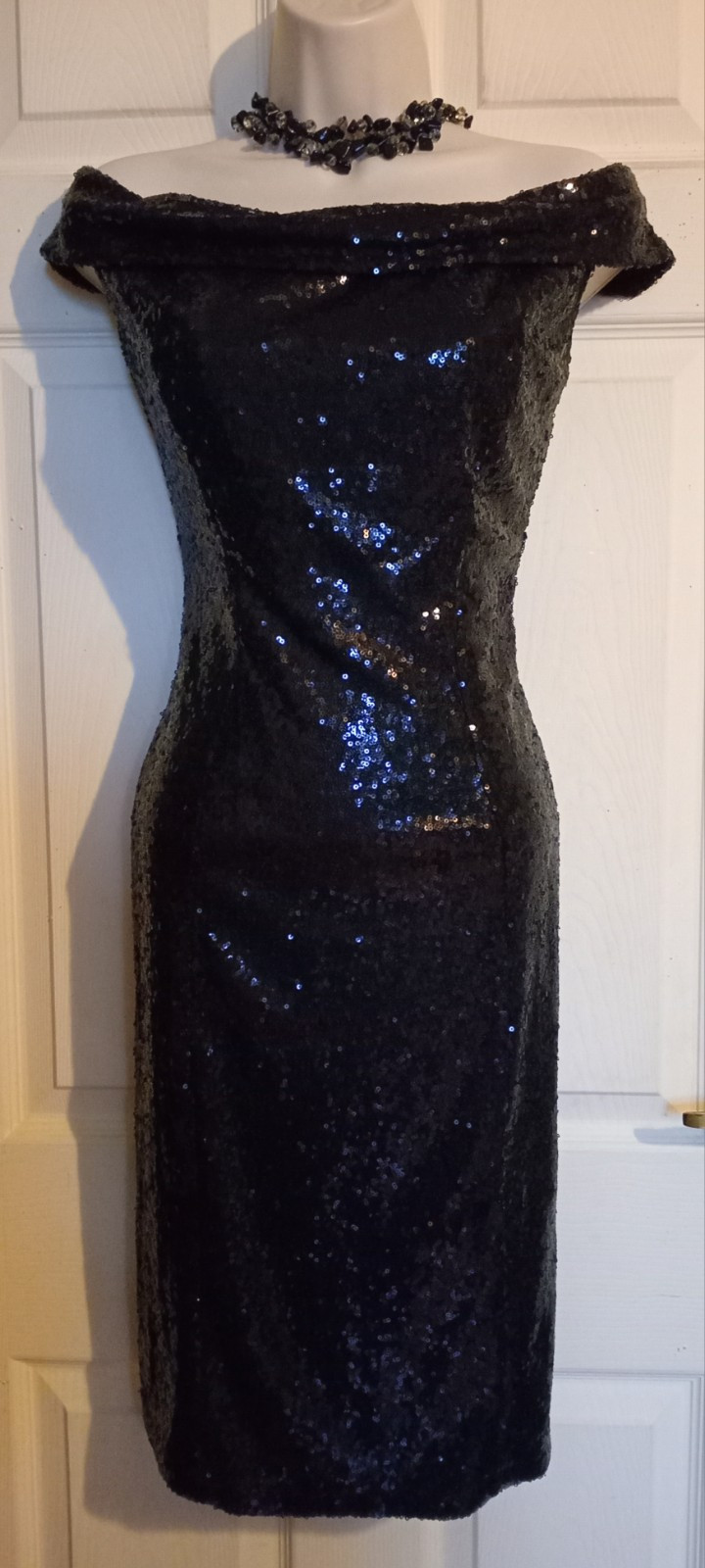 Beautiful Club L Black Sequin Retro 50s Pinup Style Bardot  Dress Sz 10