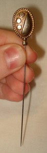 Vintage Gold Tone Oval Top Beaded Border 4” Mourning Hat Pin Lapel Stick Pin