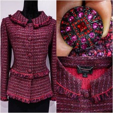 St. John COUTURE Red/Pink / Metallic Shimmer/Fringe Trim Knit Jacket Size 10. 3