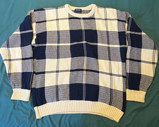VTG 90s men's Old Glory knit sweater, cream/navy blue plaid, size XL made in USA