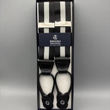 NEW Brooks Brothers Suspenders Braces Black & Gray Stripe Leather Silver Tone