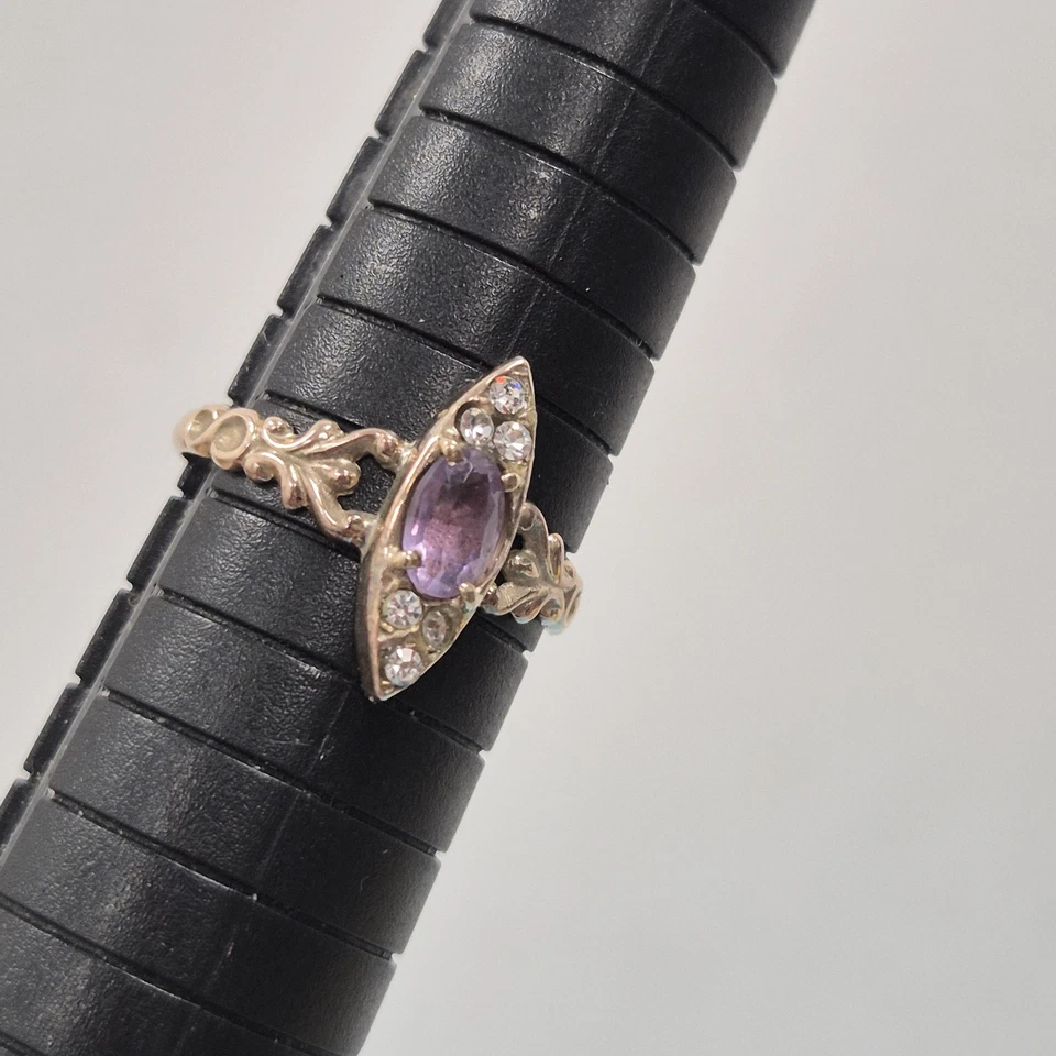 Anel Navette antigo de ouro 9 quilates com ametista e pedras Hallmarked Vintage Reino Unido Tamanho O 1/2 - Imagem 2 de 4