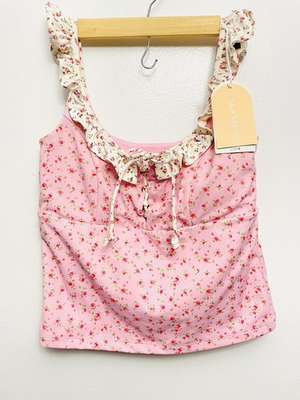 #ad Blogilates Women#x27;s Ruffle Lace Up Tank Top Pink Floral Size L $30.00