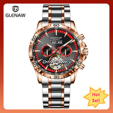 GLENAW Men's Skeleton Tourbillon Date Mechanical Watch with Luminous