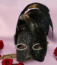 Vtg Venetian Black Glitter Pearl Eyes Carnival Large Feather Masquerade Mask EUC