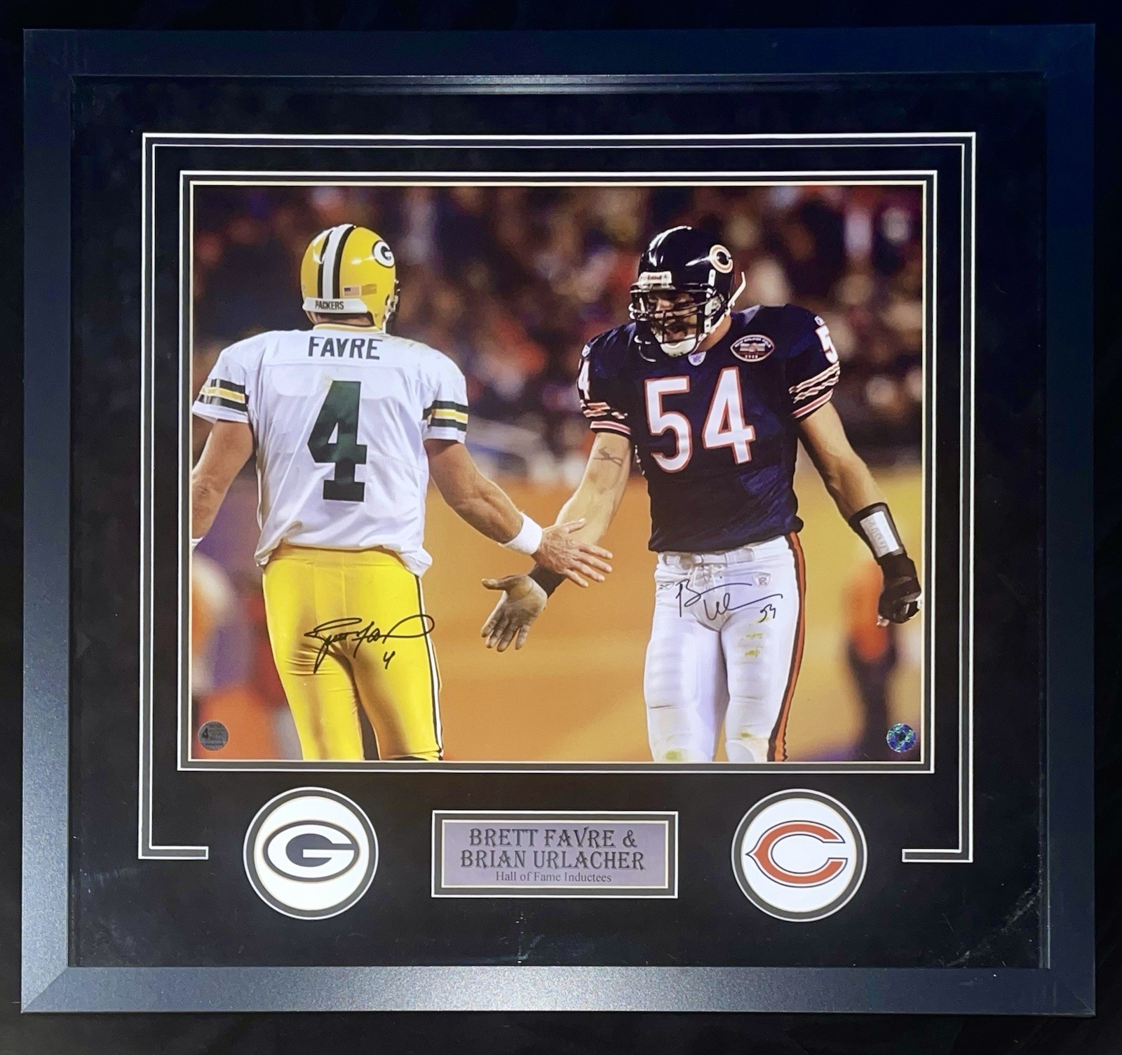 Brett Favre Autographed Signed Green Bay Packers & Brian Urlacher 16x20 Photo Framed Suede Authentic NFL Auto 